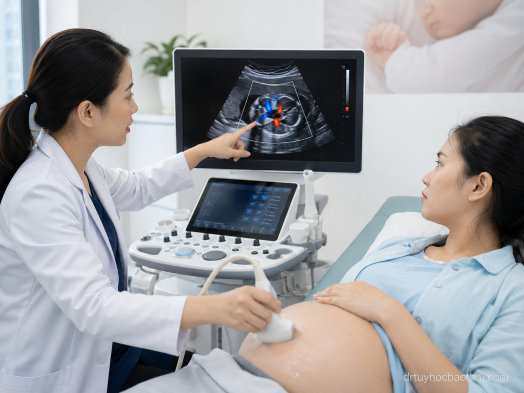 Bác sĩ siêu âm Doppler tim thai và tư vấn cho mẹ bầu về hở van 3 lá nhẹ ở thai nhi