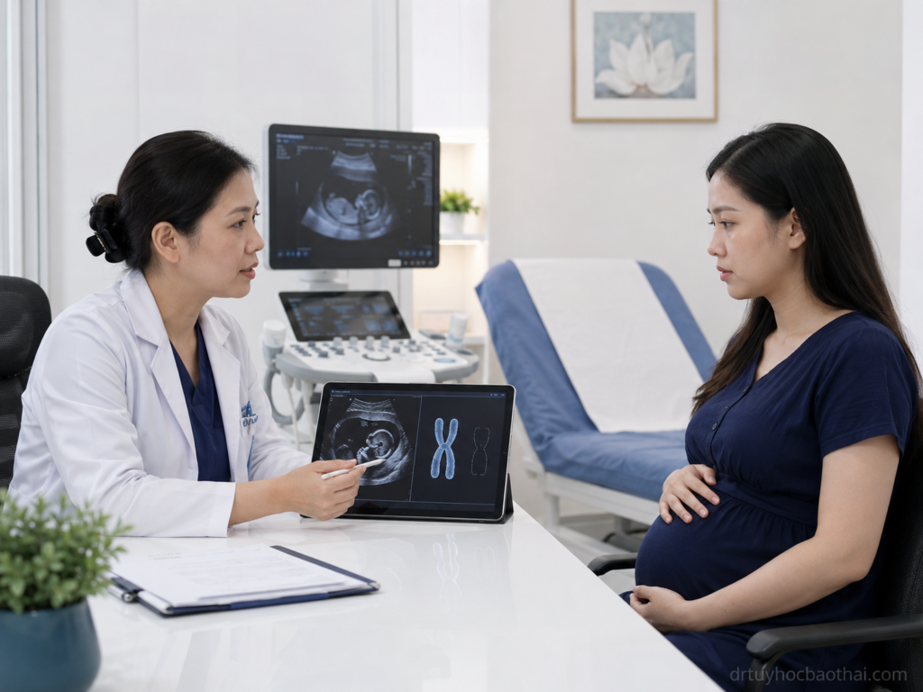 Bác sĩ tư vấn cho mẹ bầu về hội chứng Turner qua siêu âm thai và hình ảnh nhiễm sắc thể X