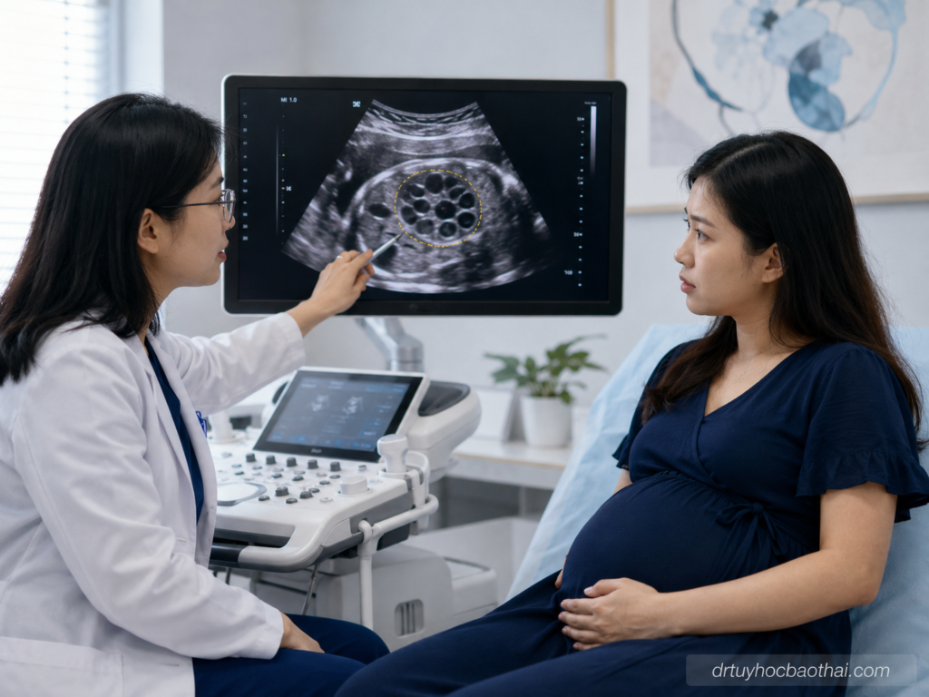 Bác sĩ tư vấn cho mẹ bầu về loạn sản thận đa nang qua hình ảnh siêu âm thai trong phòng khám sản khoa