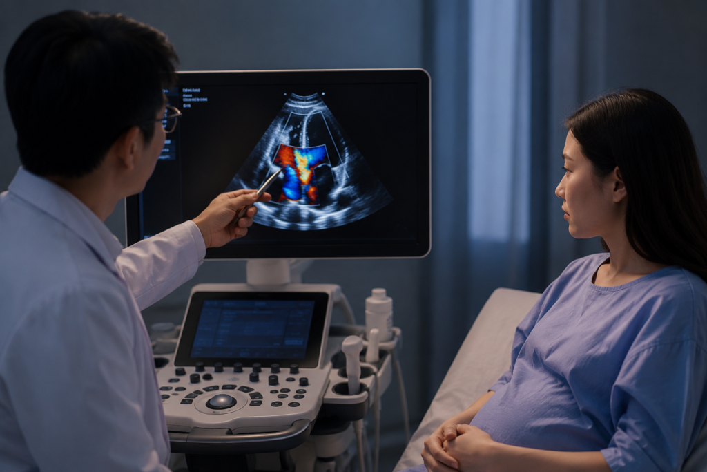 Bác sĩ tư vấn cho mẹ bầu về nguyên nhân thai nhi bị hở van 3 lá qua siêu âm Doppler tim thai