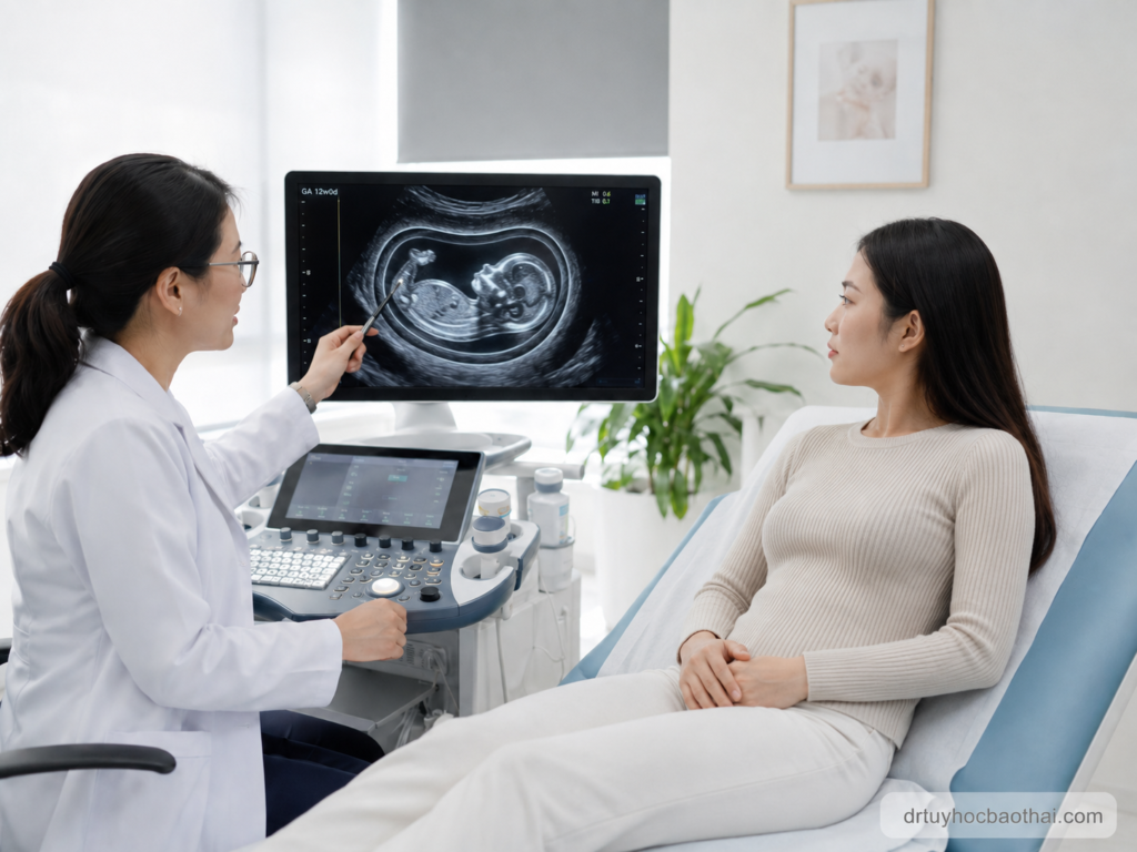 Bác sĩ tư vấn cho thai phụ về hình ảnh siêu âm phù thai tuần thứ 12 trong phòng khám y học bào thai