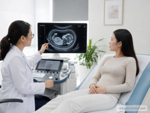 Bác sĩ tư vấn cho thai phụ về hình ảnh siêu âm phù thai tuần thứ 12 trong phòng khám y học bào thai