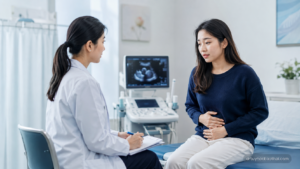 Thai phụ chậm kinh kèm đau bụng dưới đến khám bác sĩ sản khoa để kiểm tra nguyên nhân và loại trừ dấu hiệu bất thường trong thai kỳ sớm.