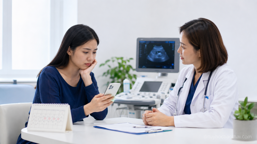 Thai phụ đi khám bác sĩ sản khoa sau khi chậm kinh 18 ngày để kiểm tra khả năng mang thai và tư vấn theo dõi thai kỳ sớm.