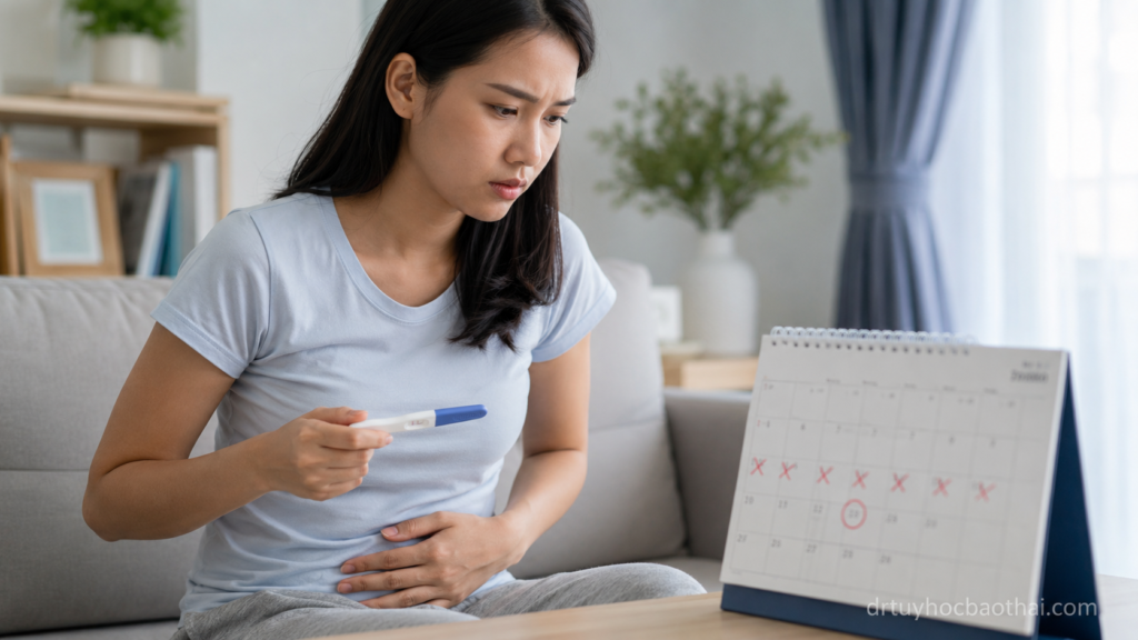 Phụ nữ chậm kinh nhìn lịch, cầm que thử thai và đặt tay lên bụng dưới khi xuất hiện dấu hiệu nghi ngờ mang thai sớm.