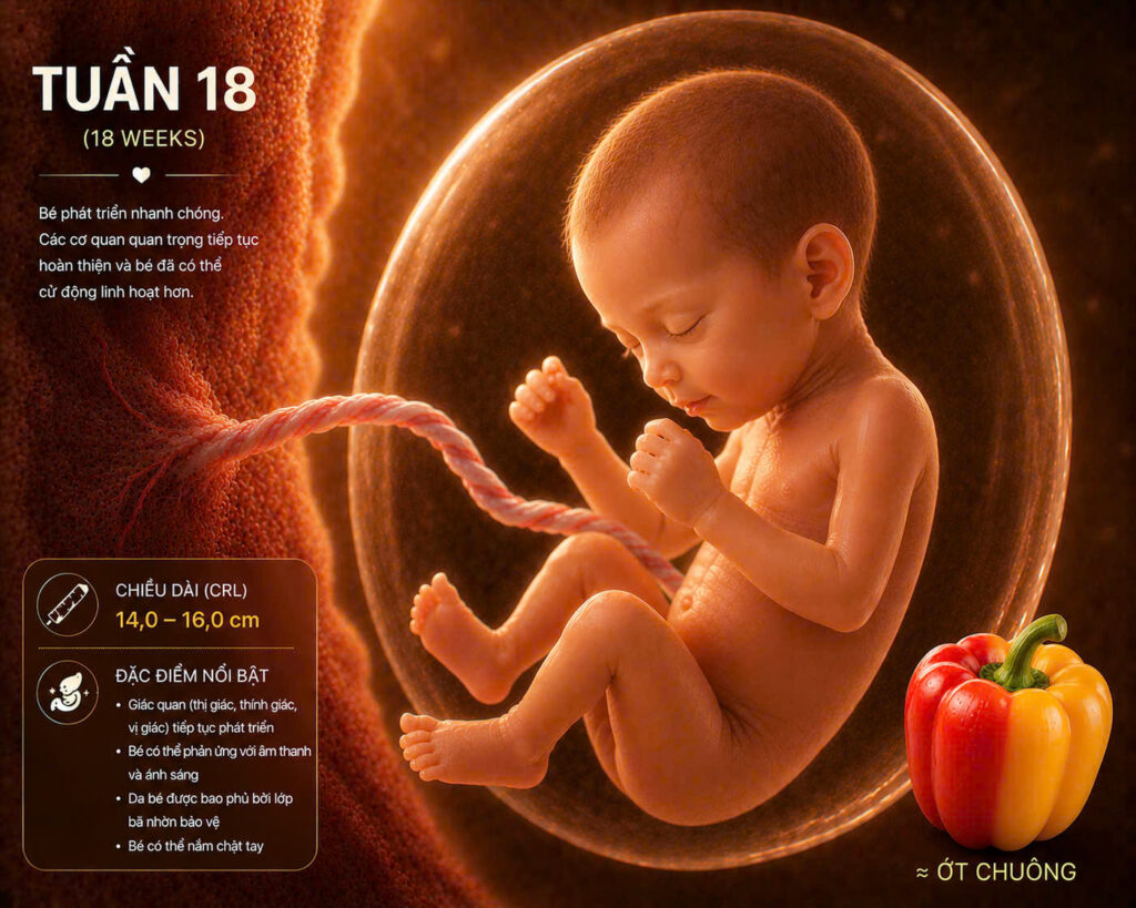Hình minh họa thai nhi khi mang thai 18 tuần với thông tin phát triển của bé trong tử cung