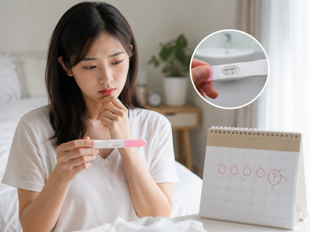 Phụ nữ lo lắng khi chậm kinh 4 ngày và kiểm tra que thử thai tại nhà