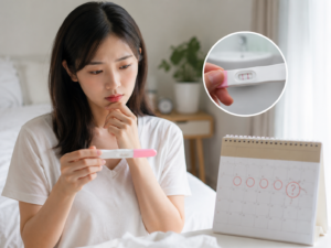Phụ nữ lo lắng khi chậm kinh 4 ngày và kiểm tra que thử thai tại nhà