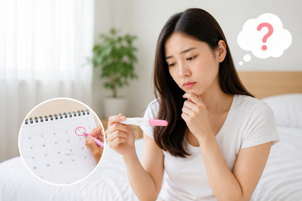 Phụ nữ lo lắng khi chậm kinh 6 ngày và cầm que thử thai tại nhà