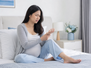 Mẹ bầu bị đau chân khi mang thai, ngồi trên giường và xoa vùng cẳng chân trong phòng ngủ