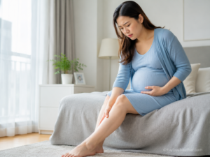 Mẹ bầu bị đau chân khi mang thai, ngồi trên giường và xoa vùng cẳng chân trong phòng ngủ