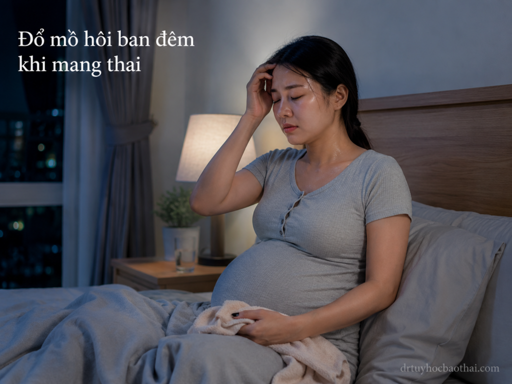 Mẹ bầu đổ mồ hôi ban đêm khi mang thai, ngồi trên giường với biểu hiện nóng bức và khó chịu