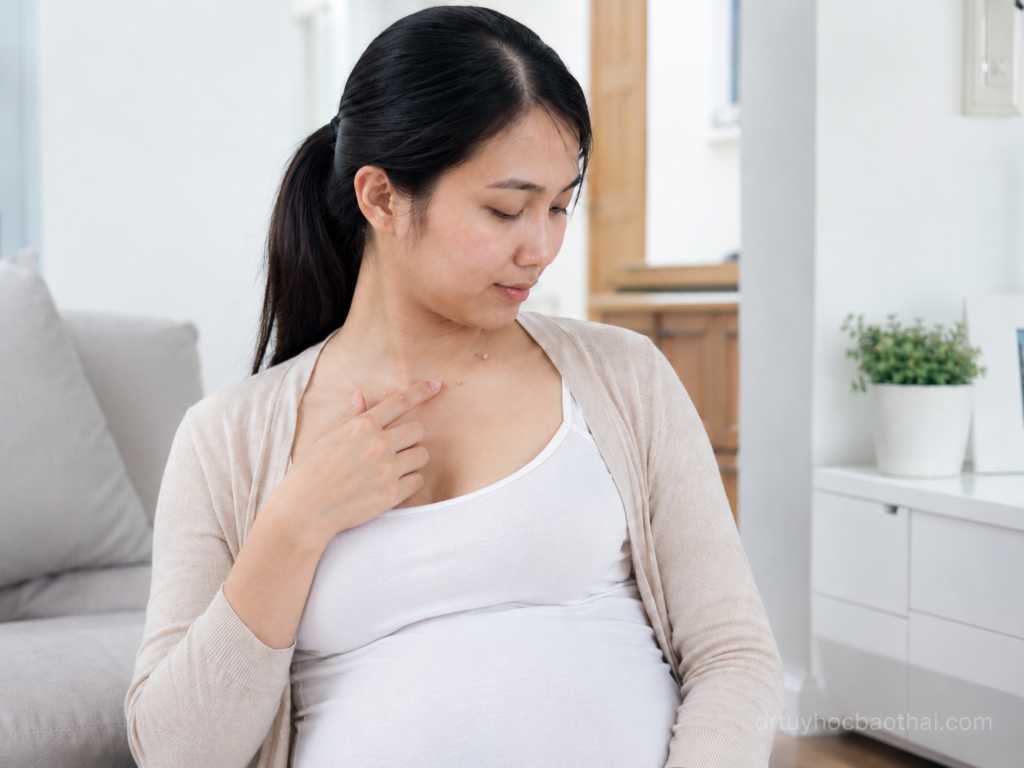 Mẹ bầu quan sát các nốt mụn thịt nhỏ vùng cổ và ngực trong thai kỳ