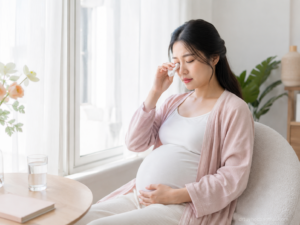 Mẹ bầu bị ngứa và chảy nước mắt khi mang thai, dùng khăn giấy lau mắt trong không gian nghỉ ngơi