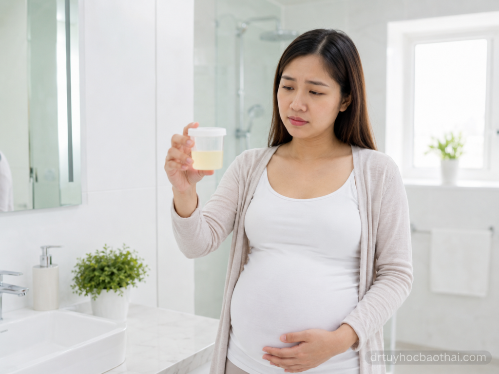 Mẹ bầu quan sát mẫu nước tiểu đục trong phòng tắm, cần theo dõi các dấu hiệu bất thường khi mang thai
