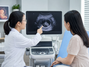 Bác sĩ tư vấn cho thai phụ về hình ảnh siêu âm túi noãn hoàng to trong giai đoạn thai sớm