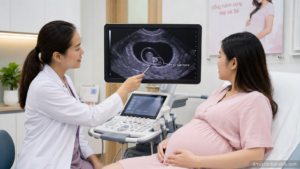 Bác sĩ tư vấn cho thai phụ về hình ảnh siêu âm túi noãn hoàng trong giai đoạn thai sớm