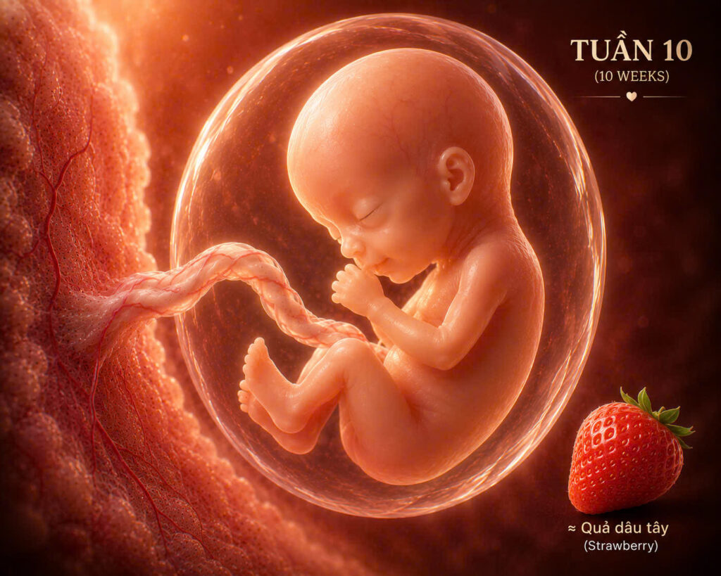 Thai 10 tuần với hình ảnh minh họa thai nhi trong bụng mẹ và kích thước tương đương quả dâu tây