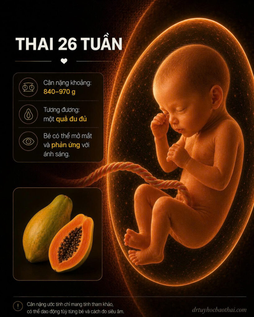 Thai 26 tuần với hình ảnh minh họa thai nhi, cân nặng tham khảo và các mốc phát triển trong bụng mẹ
