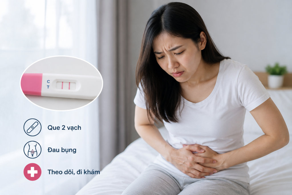 Phụ nữ thử que 2 vạch nhưng đau bụng, cần theo dõi triệu chứng và đi khám sớm để kiểm tra thai kỳ