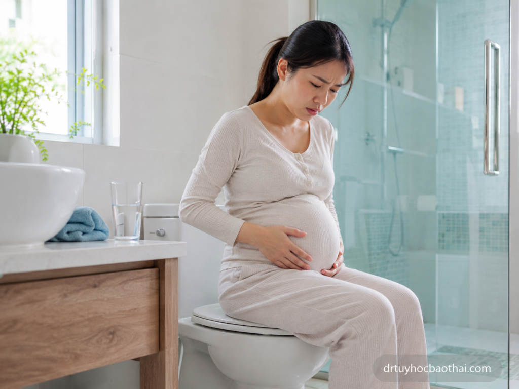 Mẹ bầu lo lắng khi bị tiểu buốt khi mang thai và cảm thấy khó chịu vùng bụng dưới trong phòng tắm