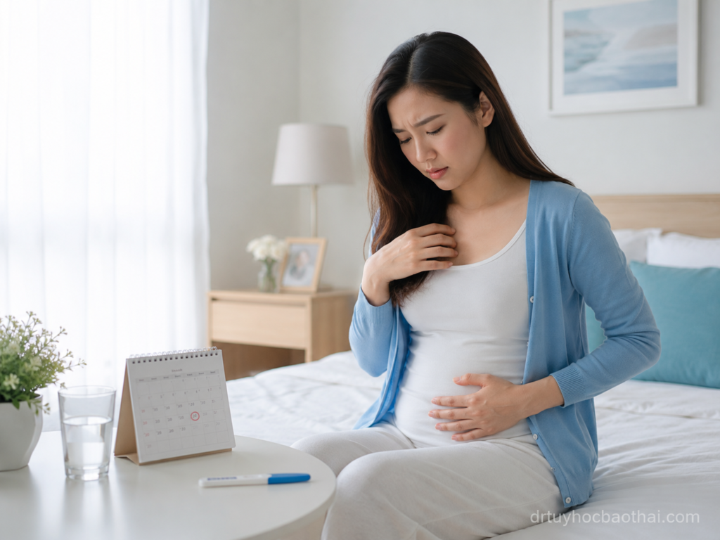 Mẹ bầu ngồi trên giường với biểu hiện khó chịu, bên cạnh có lịch theo dõi chu kỳ và que thử thai
