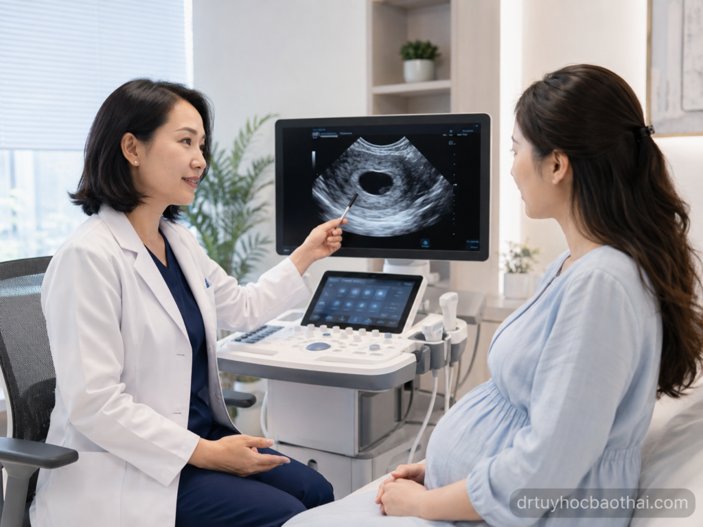 Bác sĩ tư vấn cho mẹ bầu về Thai trứng rỗng qua hình ảnh siêu âm túi thai trong phòng khám sản khoa