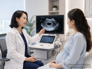 Bác sĩ tư vấn cho mẹ bầu về Thai trứng rỗng qua hình ảnh siêu âm túi thai trong phòng khám sản khoa