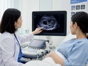 Bác sĩ tư vấn cho mẹ bầu về túi noãn hoàng to hơn bình thường qua hình ảnh siêu âm thai sớm
