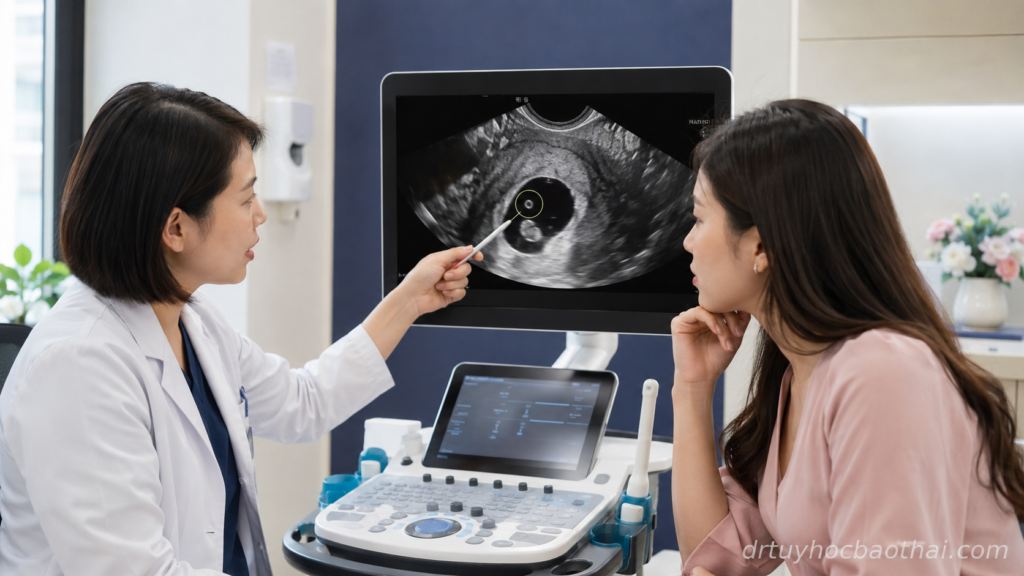 Bác sĩ tư vấn cho phụ nữ về túi noãn hoàng trên hình ảnh siêu âm thai sớm trong phòng khám sản khoa