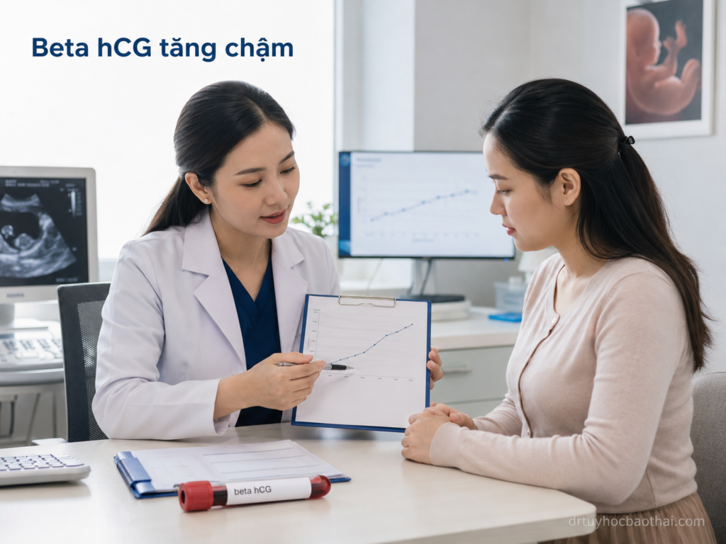 Bác sĩ tư vấn cho phụ nữ về tình trạng Beta hCG tăng chậm và biểu đồ theo dõi hormone thai kỳ sớm