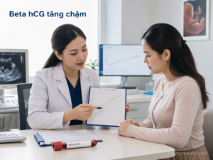 Bác sĩ tư vấn cho phụ nữ về tình trạng Beta hCG tăng chậm và biểu đồ theo dõi hormone thai kỳ sớm