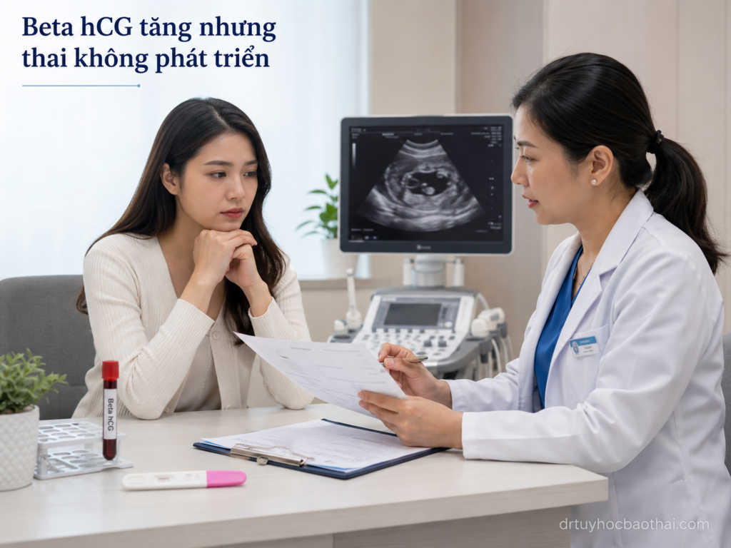Bác sĩ tư vấn cho phụ nữ về tình trạng Beta hCG tăng nhưng thai không phát triển và cần siêu âm theo dõi thai sớm