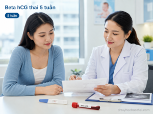 Bác sĩ tư vấn cho phụ nữ mang thai 5 tuần về kết quả xét nghiệm Beta hCG và que thử thai dương tính