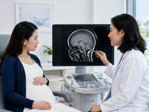 Bác sĩ tư vấn cho thai phụ về hình ảnh não thai nhi trên siêu âm và MRI, minh họa chủ đề chứng não phẳng thai nhi