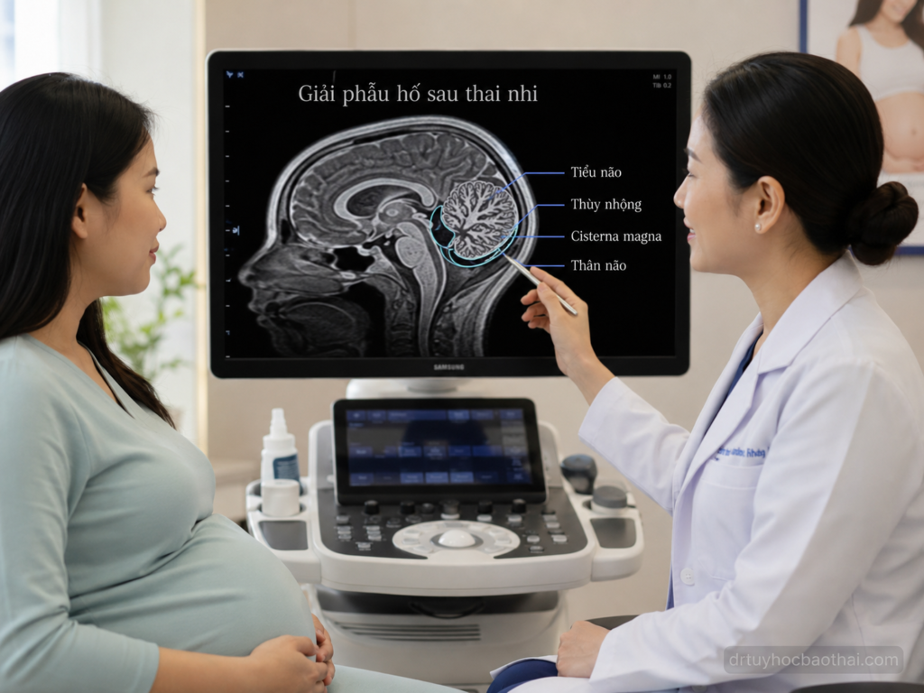Bác sĩ tư vấn cho thai phụ về giải phẫu hố sau thai nhi trên hình ảnh não bộ và siêu âm chuyên sâu
