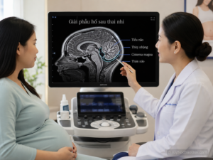 Bác sĩ tư vấn cho thai phụ về giải phẫu hố sau thai nhi trên hình ảnh não bộ và siêu âm chuyên sâu