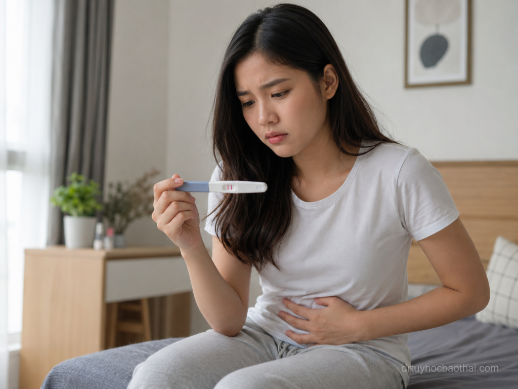 Phụ nữ lo lắng khi thử que 2 vạch nhưng đau bụng, cầm que thử thai và ôm vùng bụng dưới