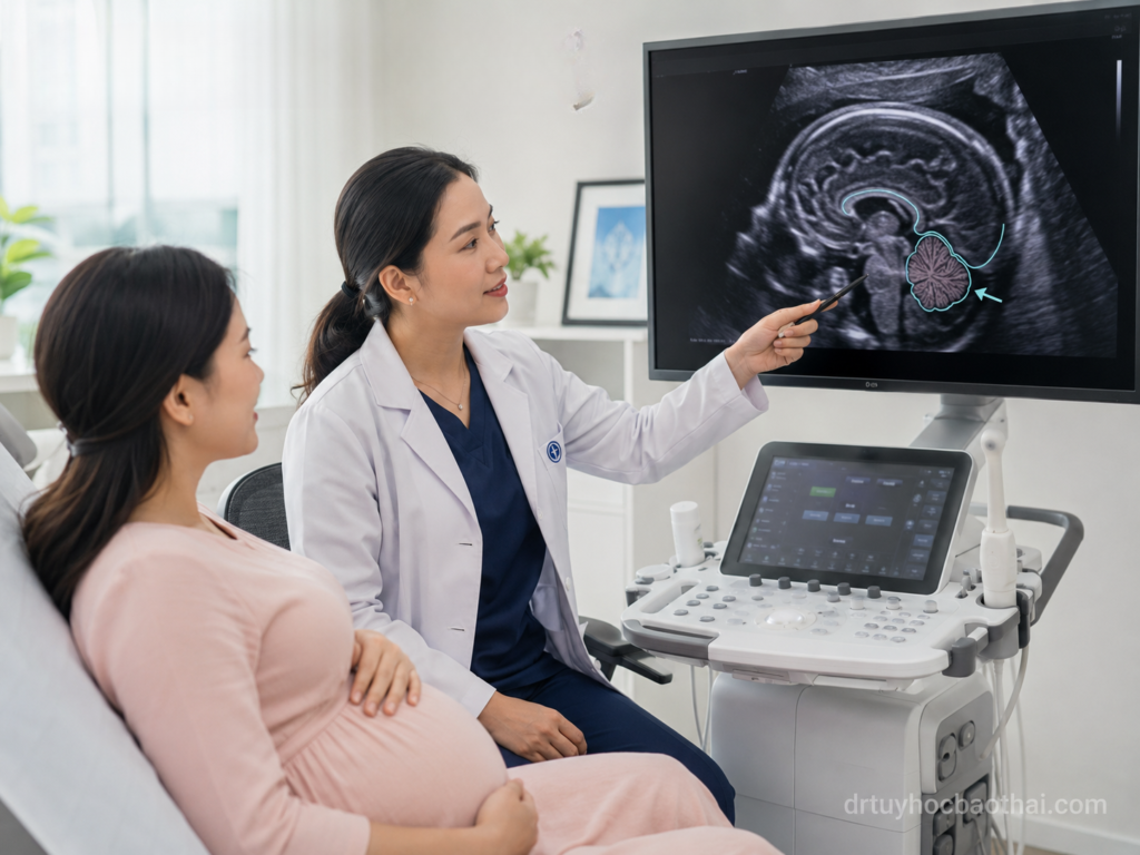 Bác sĩ tư vấn cho thai phụ về thùy nhộng tiểu não thai nhi trên hình ảnh siêu âm não thai chuyên sâu