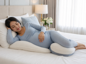 Mẹ bầu mang thai đôi nằm nghiêng với gối hỗ trợ, minh họa tư thế ngủ khi mang thai đôi