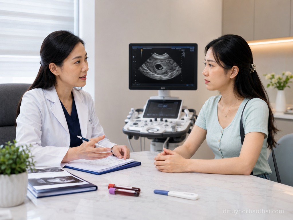 Bác sĩ tư vấn cho phụ nữ về Beta hCG không tăng và hướng theo dõi thai sớm bằng xét nghiệm máu, que thử thai và siêu âm