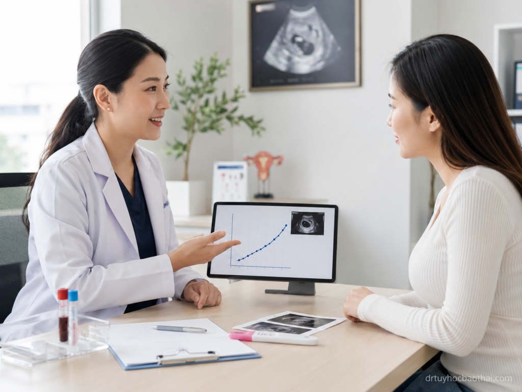 Bác sĩ tư vấn cho phụ nữ về Beta hCG tăng như thế nào trong thai sớm qua biểu đồ xét nghiệm và siêu âm thai sớm