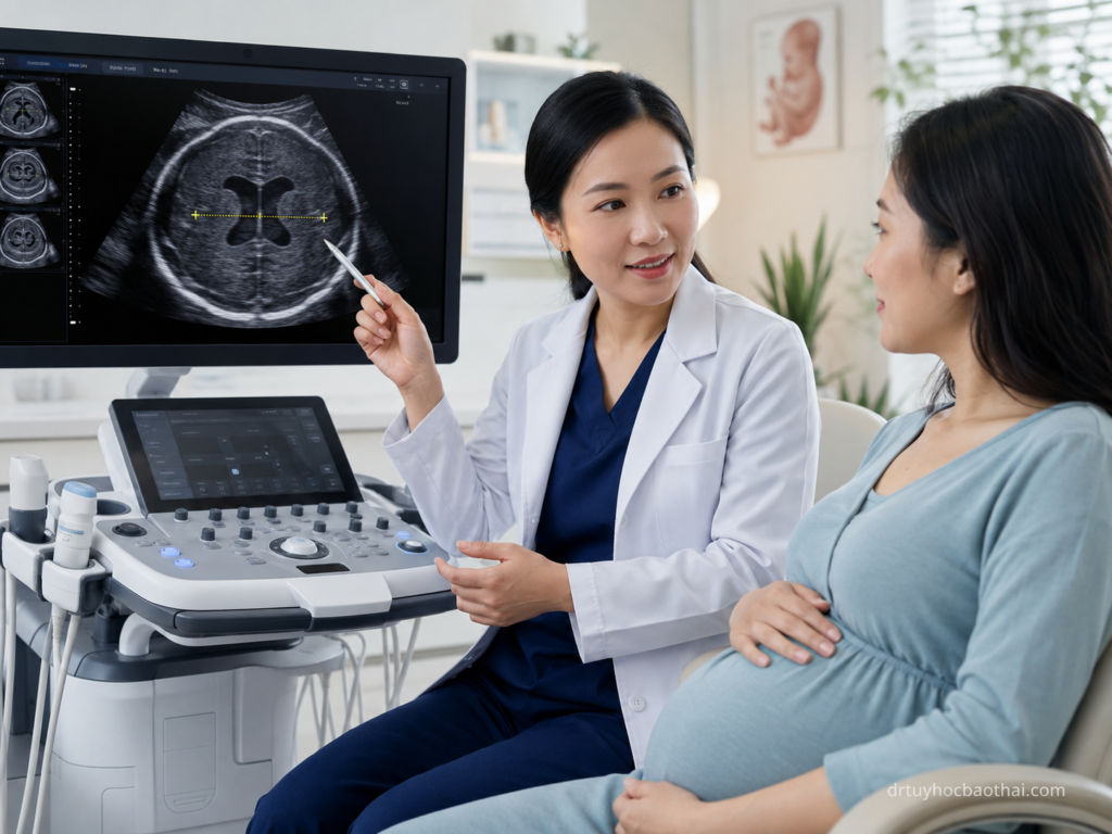 Bác sĩ tư vấn cho mẹ bầu về cách đo não thất bên đúng chuẩn qua hình ảnh siêu âm não thai nhi
