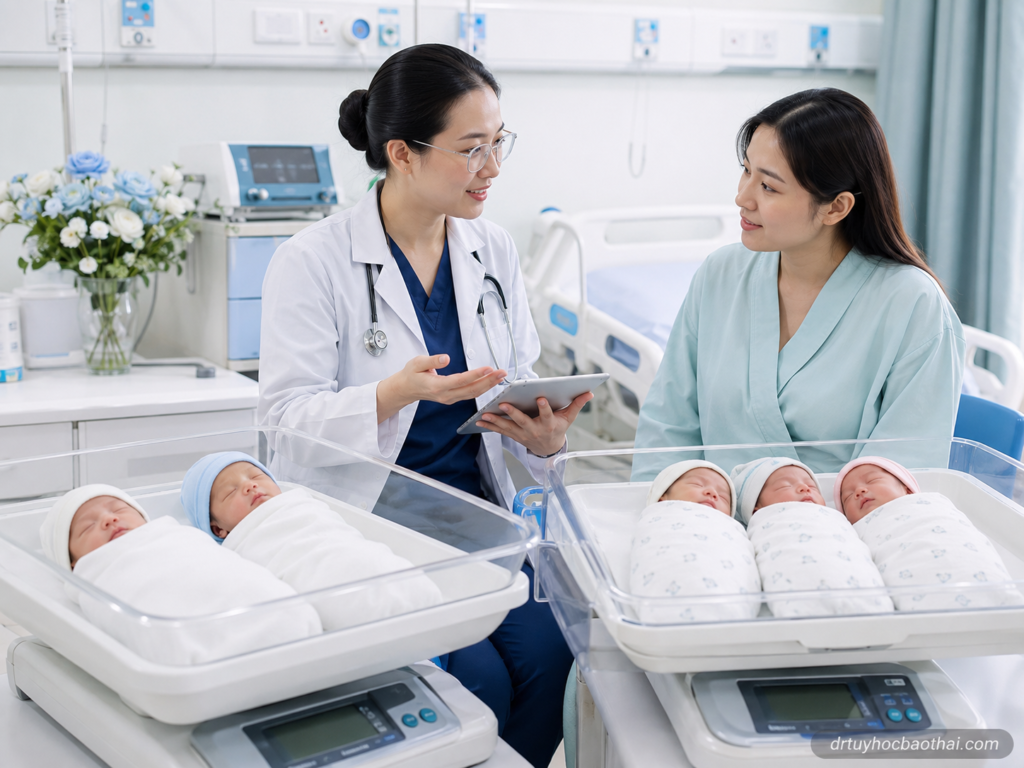 Bác sĩ tư vấn cho mẹ sau sinh về cân nặng khi sinh của thai đôi và thai ba trong phòng chăm sóc trẻ sơ sinh
