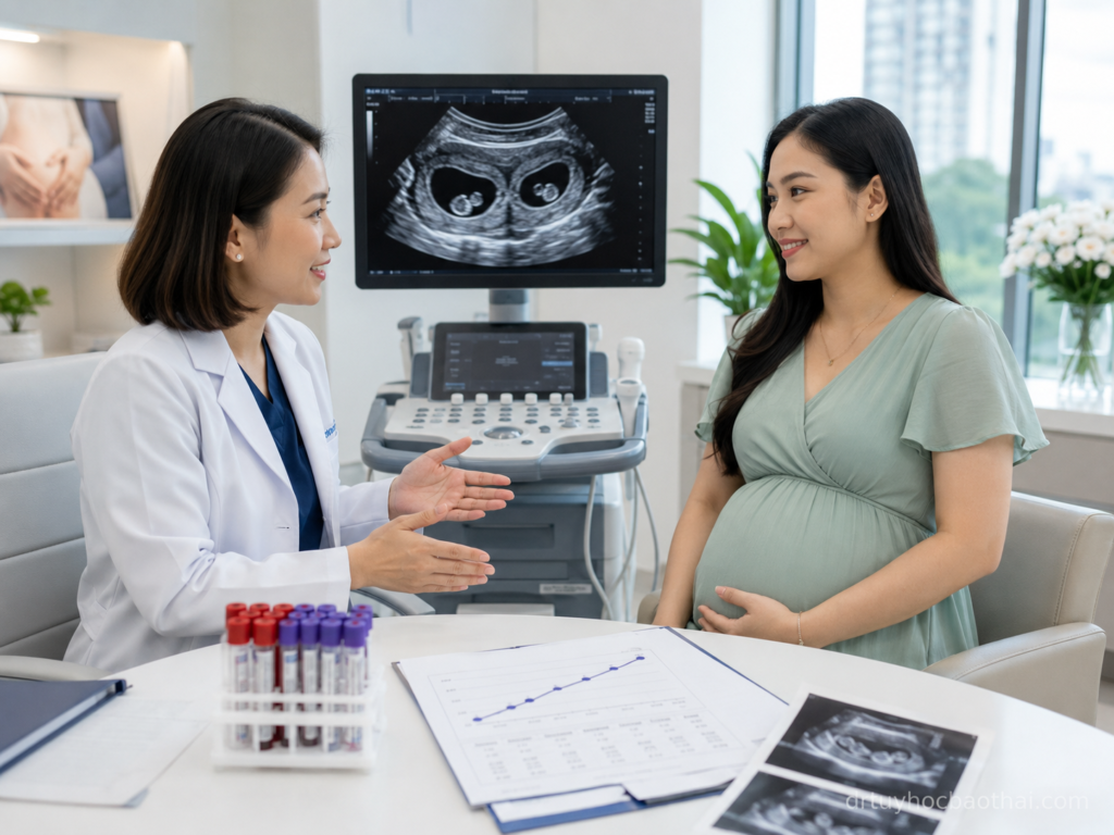 Bác sĩ tư vấn cho mẹ bầu về chỉ số beta hCG thai đôi và hình ảnh siêu âm song thai