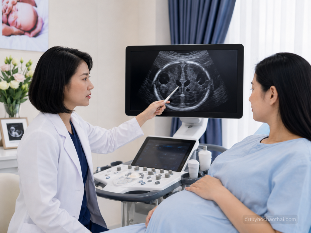 Bác sĩ tư vấn cho mẹ bầu về dị tật chẻ não thai nhi qua hình ảnh siêu âm não thai