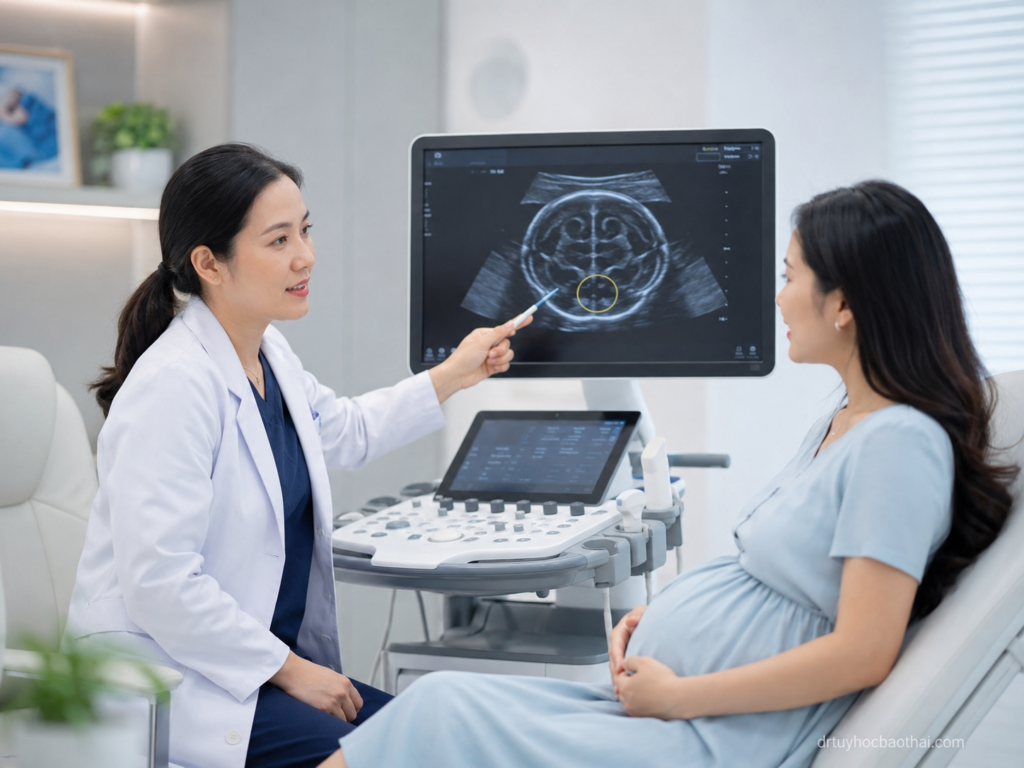 Bác sĩ tư vấn cho mẹ bầu về nghi ngờ bất thường hố sau ở thai nhi qua hình ảnh siêu âm não thai