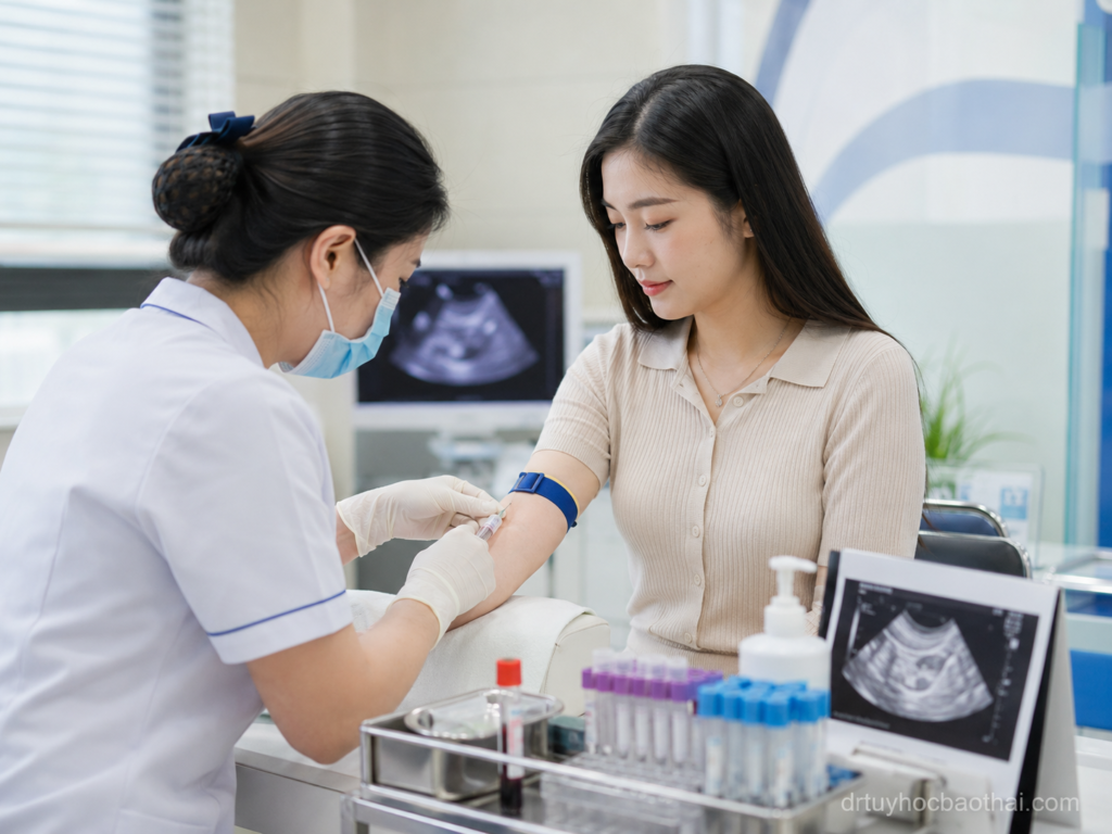 Nhân viên y tế lấy máu xét nghiệm beta hCG thai 4 tuần cho phụ nữ tại phòng khám sản khoa