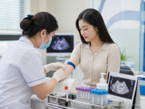 Nhân viên y tế lấy máu xét nghiệm beta hCG thai 4 tuần cho phụ nữ tại phòng khám sản khoa