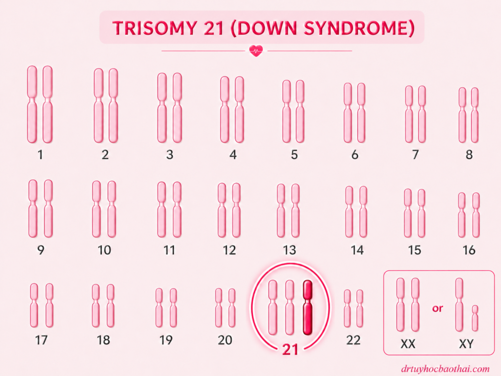 Hình minh họa karyotype trisomy 21 với một nhiễm sắc thể 21 dư ra được tô đậm, đặc trưng cho hội chứng Down.